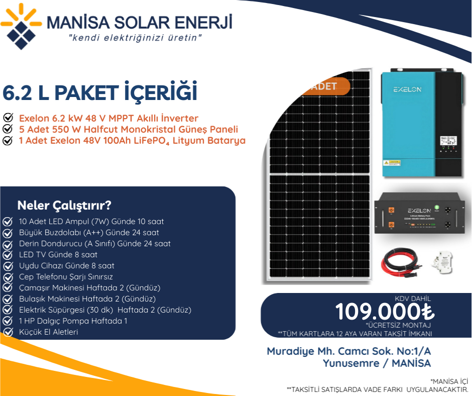 6.2 kW Lityum güneş enerjisi paketi
